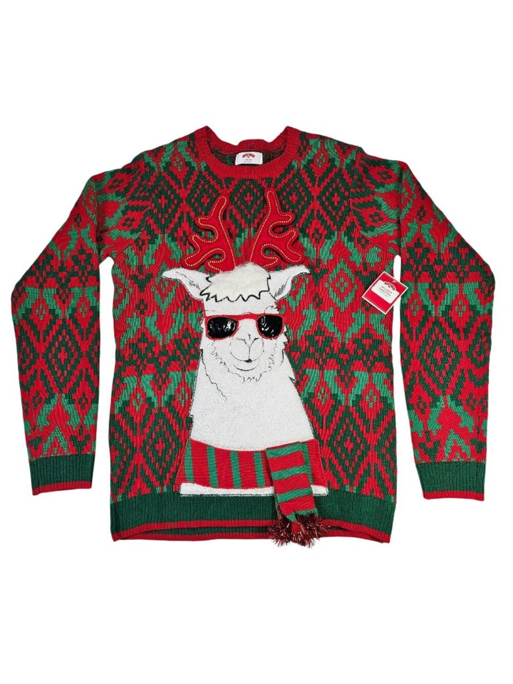 Holiday Time 3D Plush Llama Double Sided Ugly Christmas Sweater Size M Red/Green